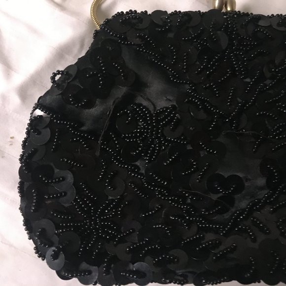 Du Val Black Purse Hong Kong Sequin Beads Evening Hand Chain Bag Clasp Vintage - Picture 5 of 15